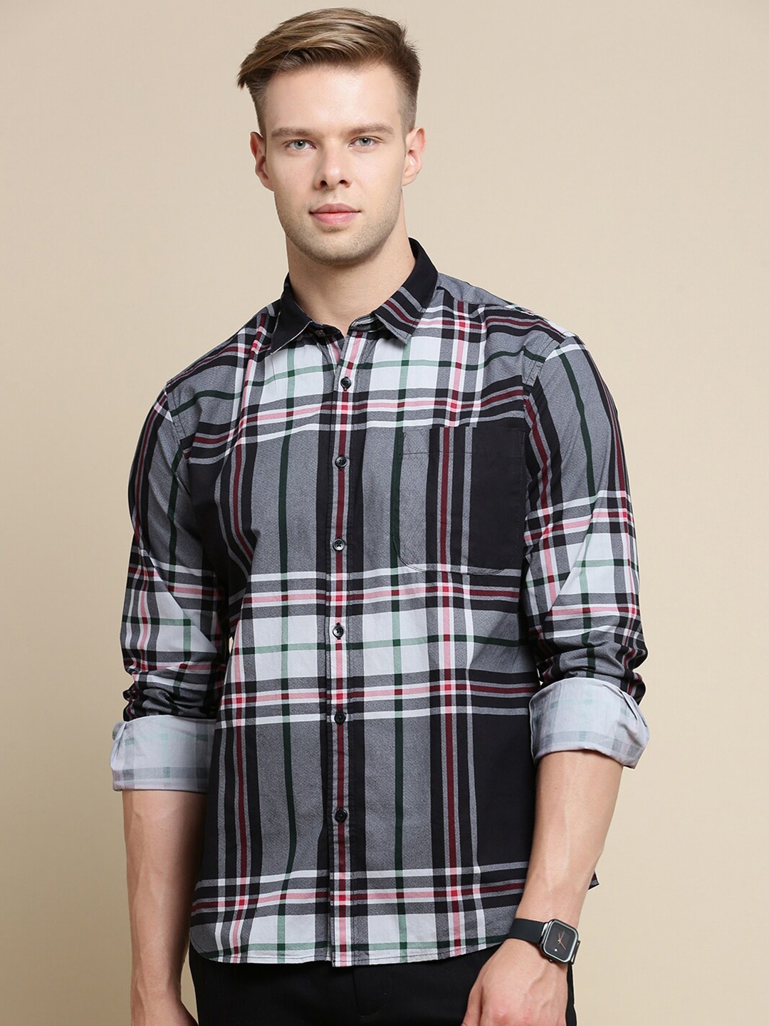 

INVICTUS Sport Slim Fit Tartan Checks Cotton Casual Shirt, Black