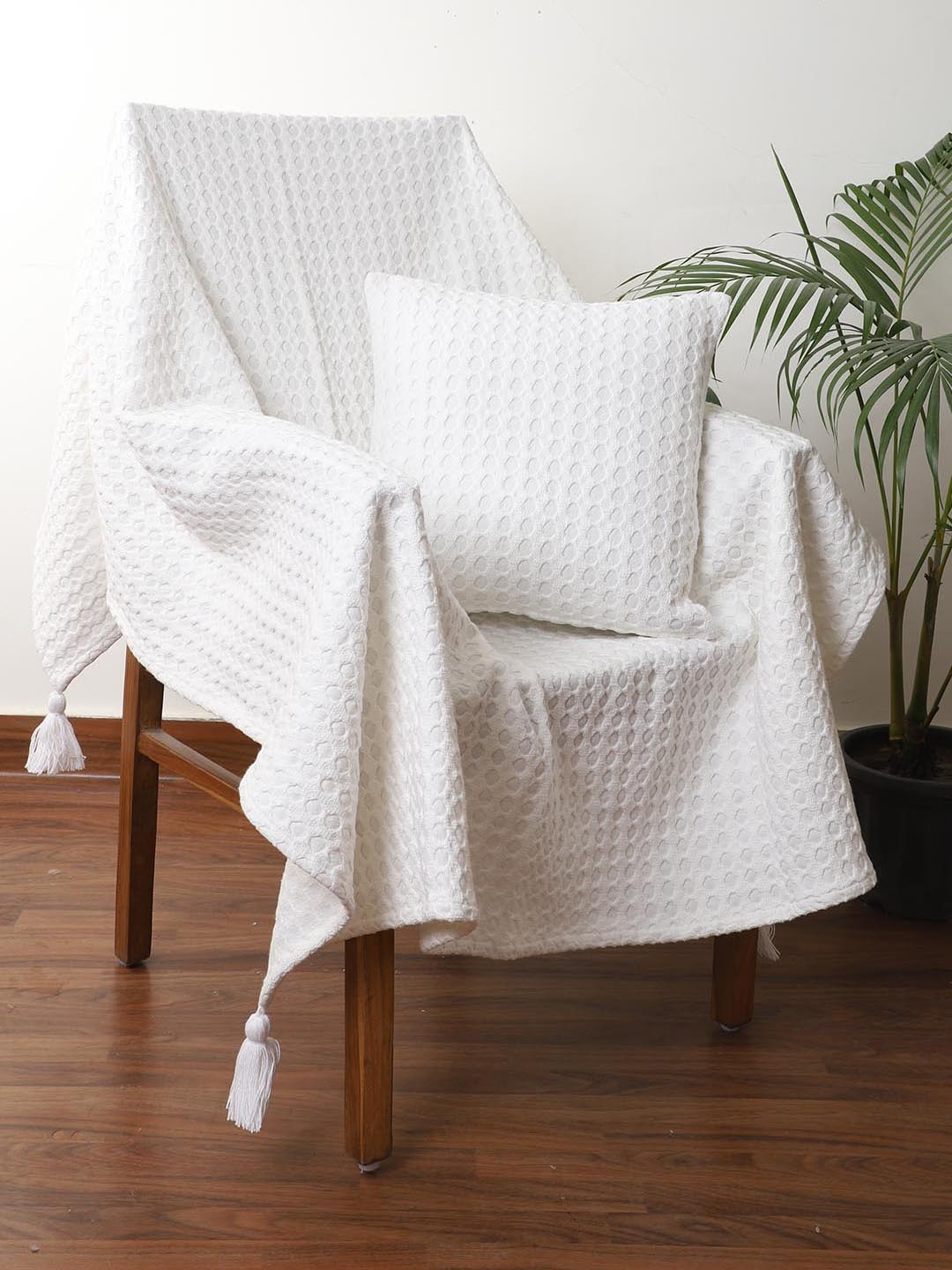 

Jamio Firati Self-Design Pure Cotton Throws WIth Cushion Cover, White