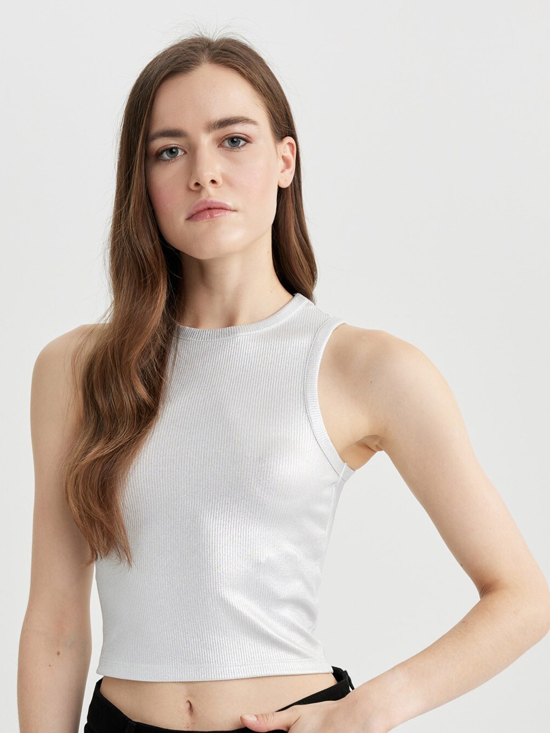 

DeFacto Ribbed Sleeveless Crop Top, Grey