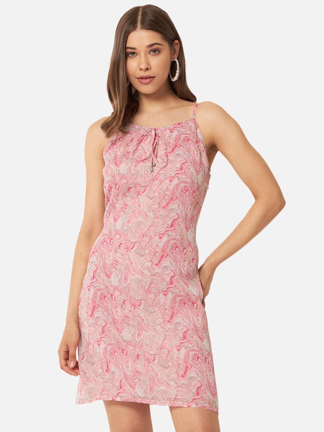 

BAESD Abstract Printed Tie-Up Neck Georgette A-Line Dress, Pink