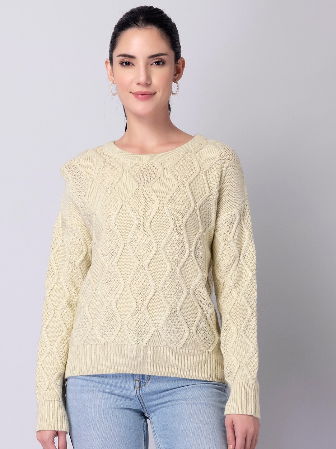 

FabAlley White Cable Knit Embellished Long Sleeves Acrylic Pullover