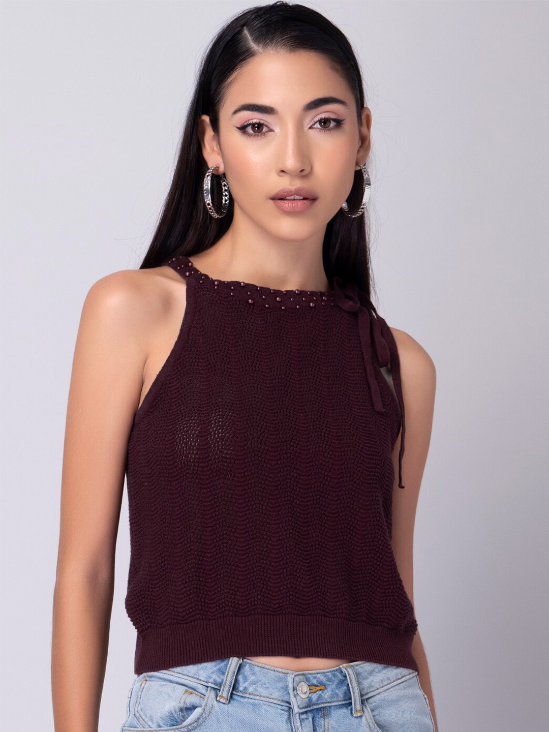 

FabAlley Maroon Self Design Round Neck Sleeveless Top