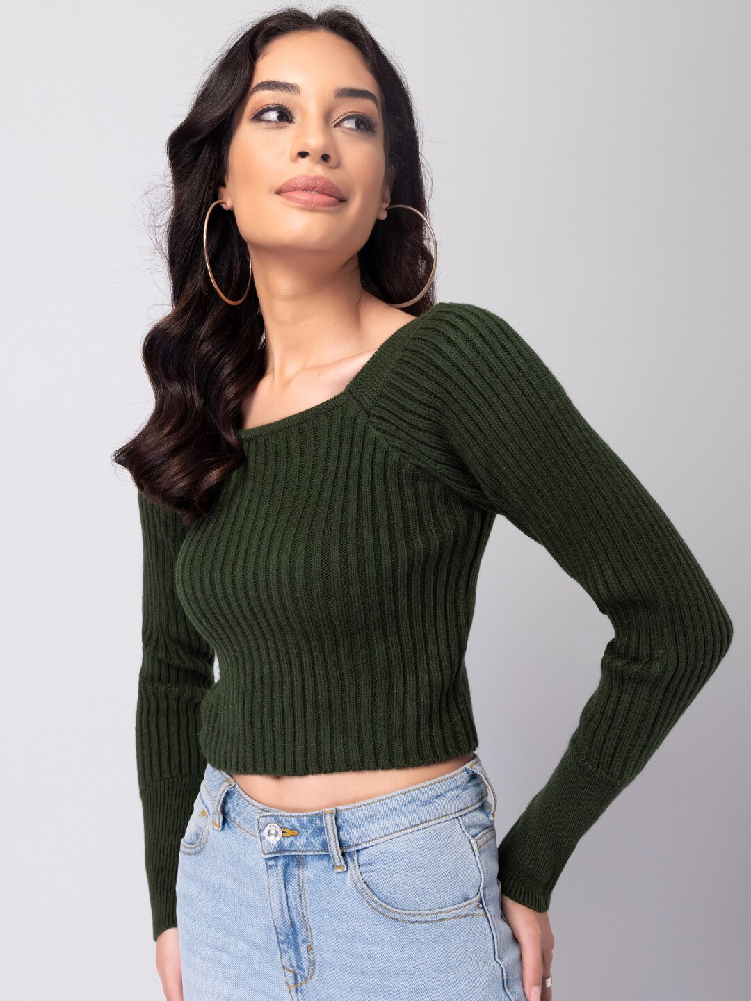 

FabAlley Olive Green Square Neck Long Sleeves Cropped Acrylic Pullover