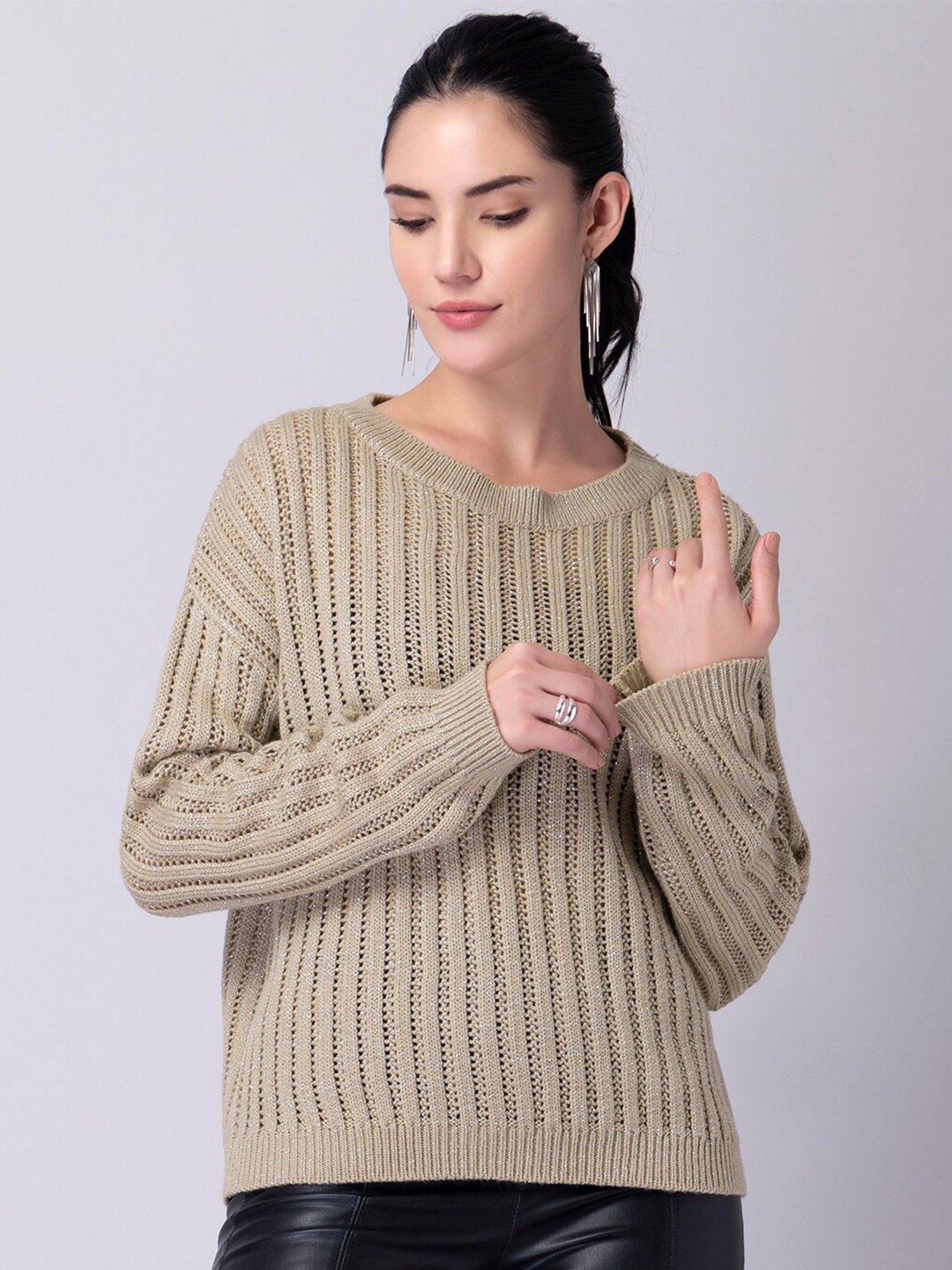 

FabAlley Beige Self Design Long Sleeves Acrylic Pullover