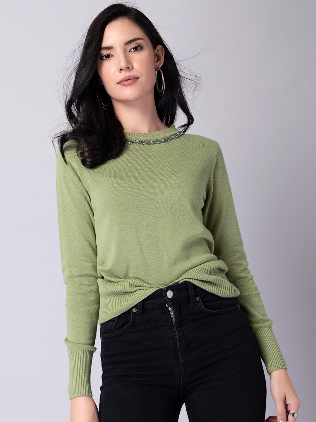 

FabAlley Green Embellished Long Sleeves Pullover