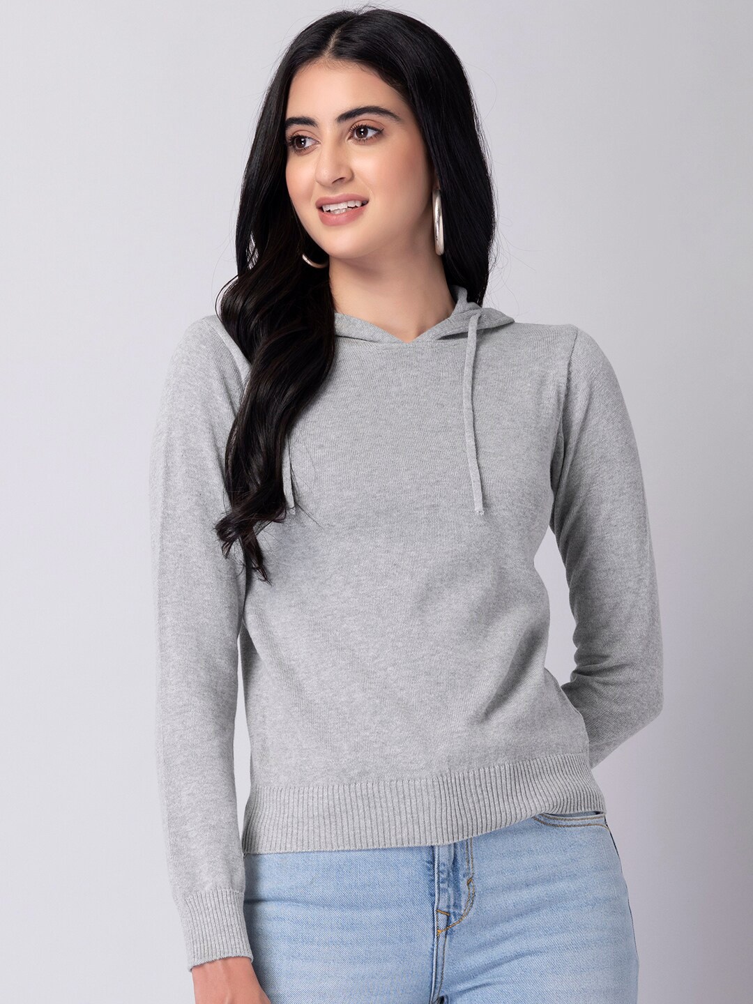 

FabAlley Grey Long Sleeves Hooded Pure Cotton Sweatshirt