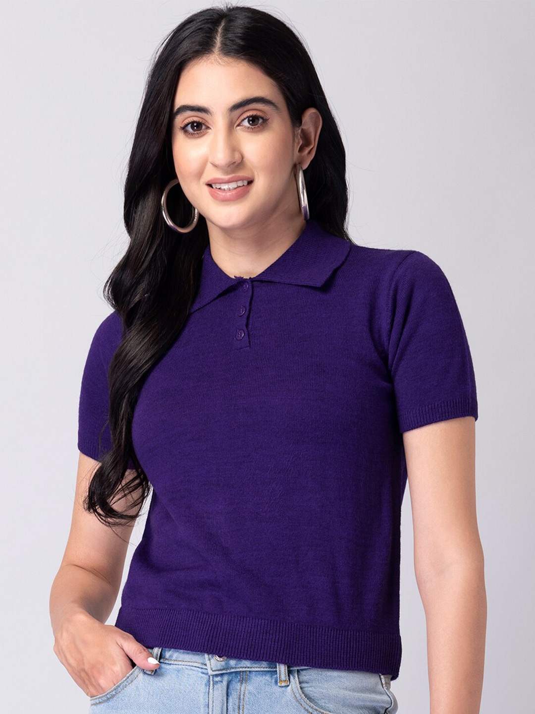 

FabAlley Blue Polo Collar Short Sleeves Acrylic Sweaters, Purple