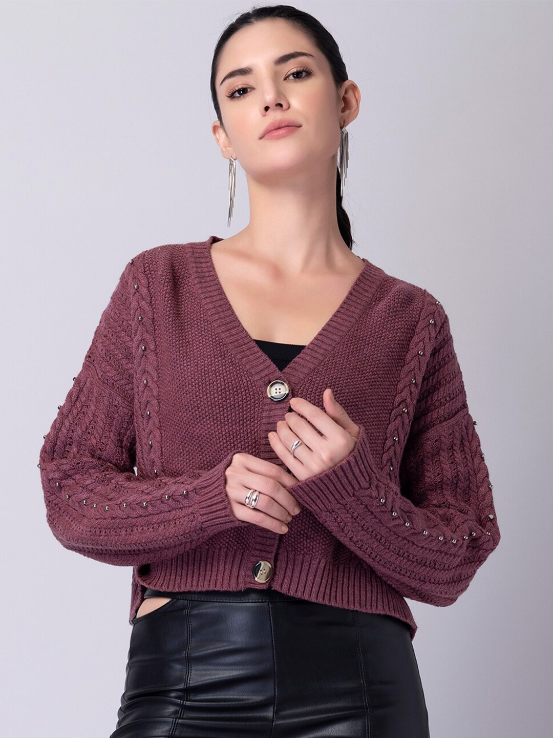 

FabAlley Pink Cable Knit Self Design Acrylic Crop Cardigan Sweater