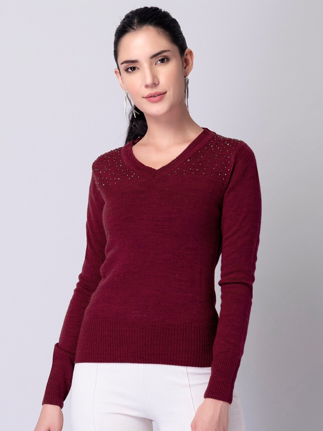 

FabAlley Maroon Ribbed Embellished Acrylic Pullover Sweater