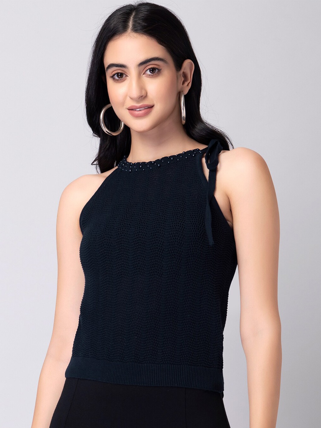 

FabAlley Self Design Tie-Up Neck Embellished Knitted Pure Cotton Top, Navy blue