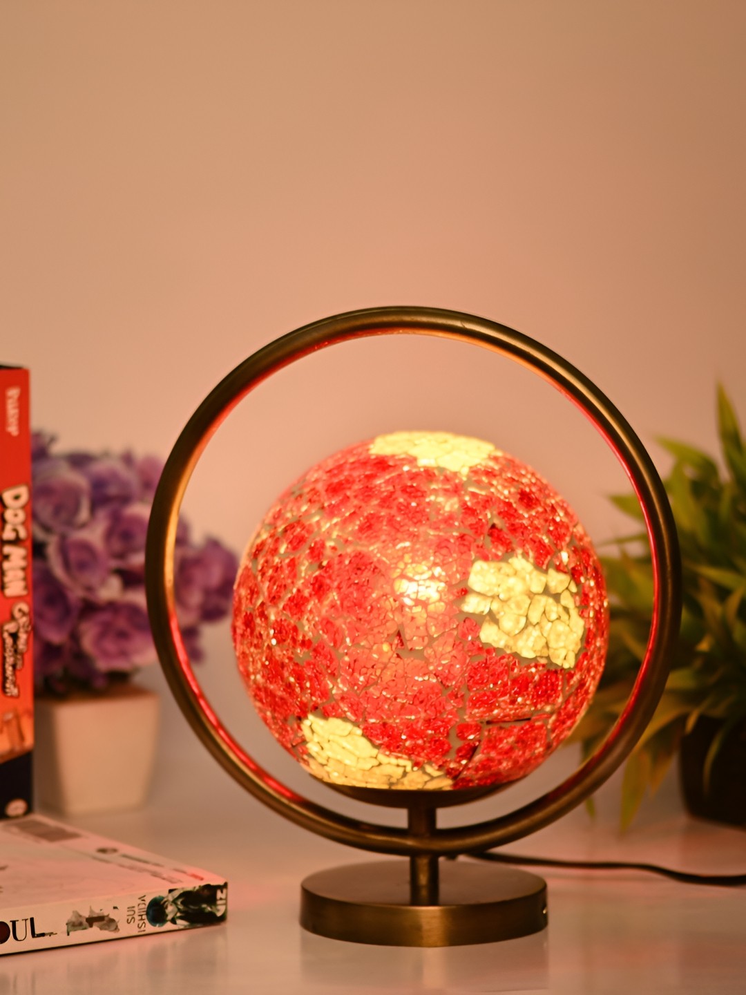 

Afast Gold Toned & Orange Textured Spherical Shaped Glass Table Lamp with Adjustable Cord