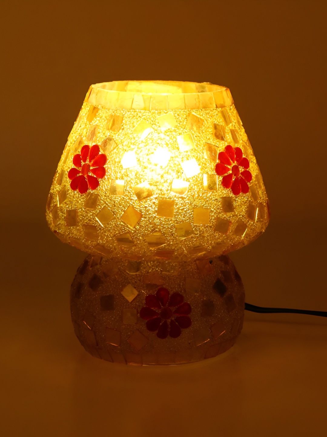 Afast Gold Toned & Red Printed Glass Frustum Shaped Table Lamp
