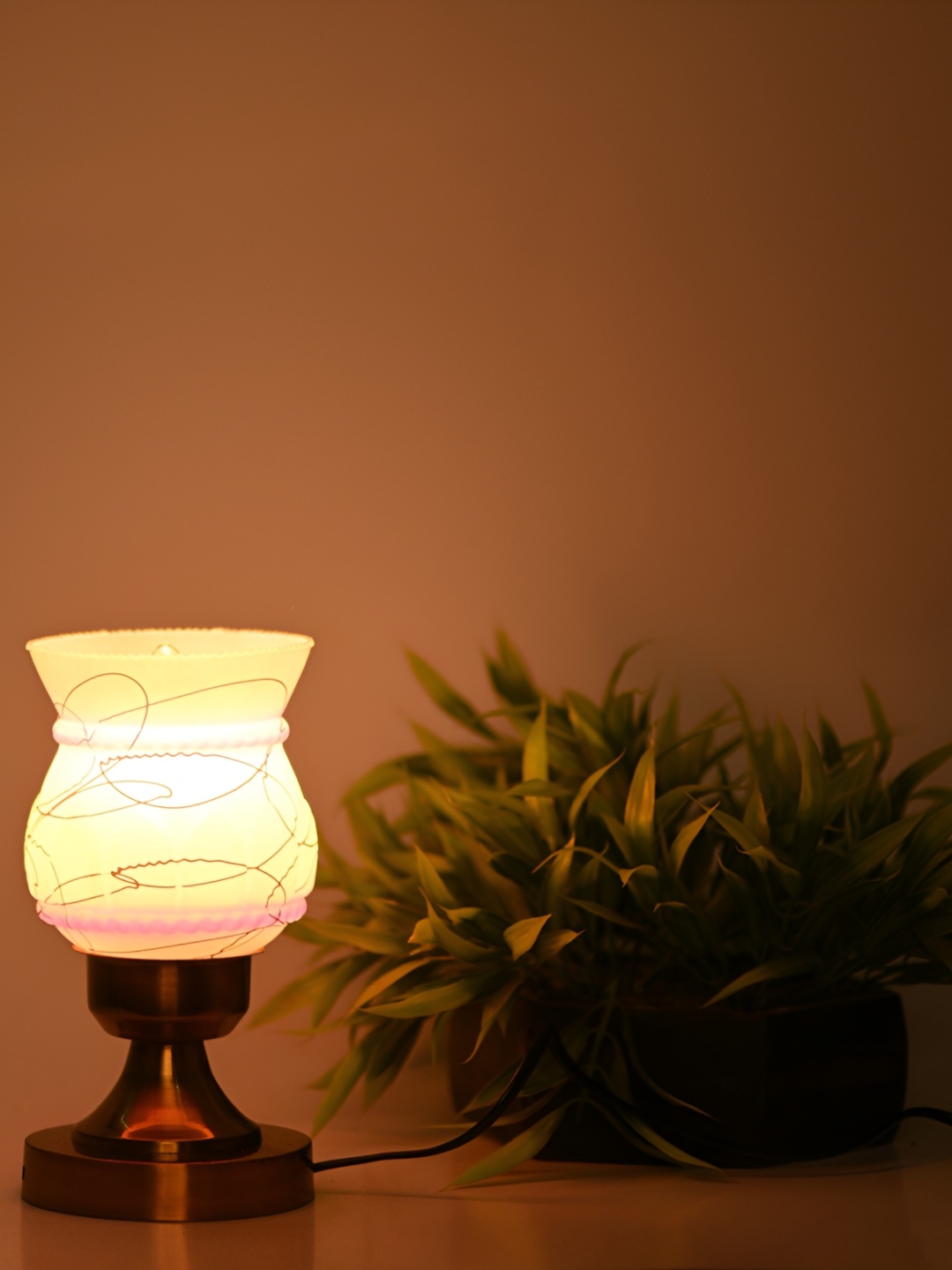 

Afast White & Pink Printed Glass Cylinder Shaped With Adjustable Cord Table Lamp