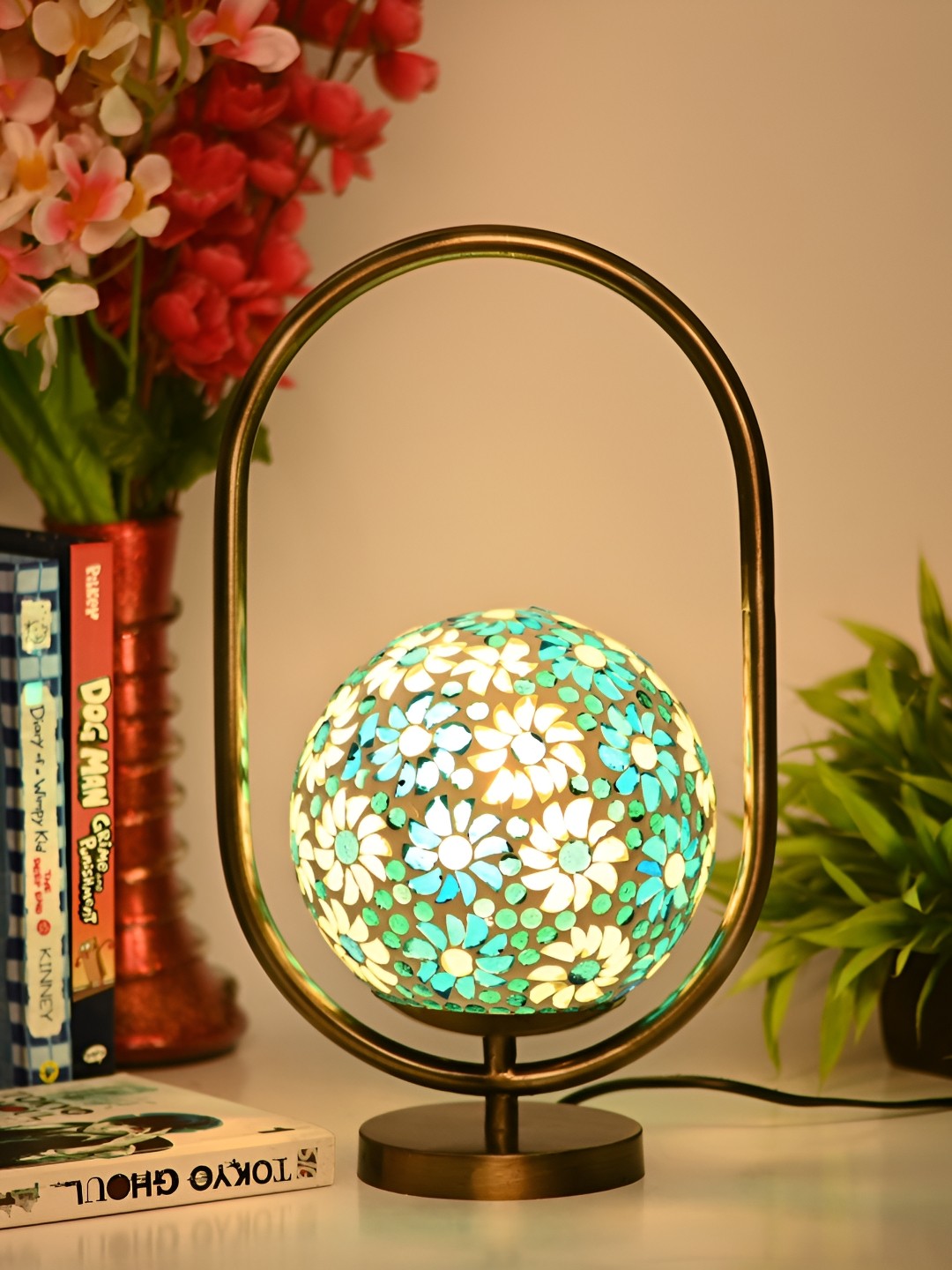Afast White & Grey Printed Glass Spherical Shaped With Adjustable Cord Table Lamp