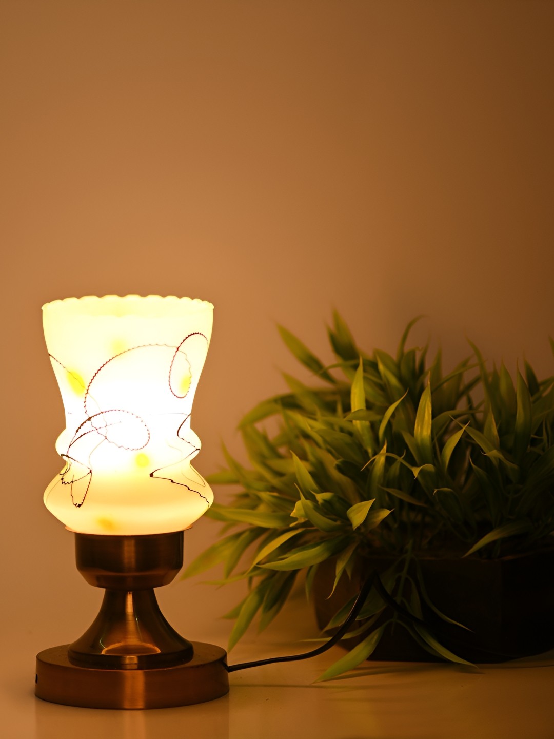 

Afast White & Yellow Printed Metal Frustum Shaped With Adjustable Cord Table Lamp