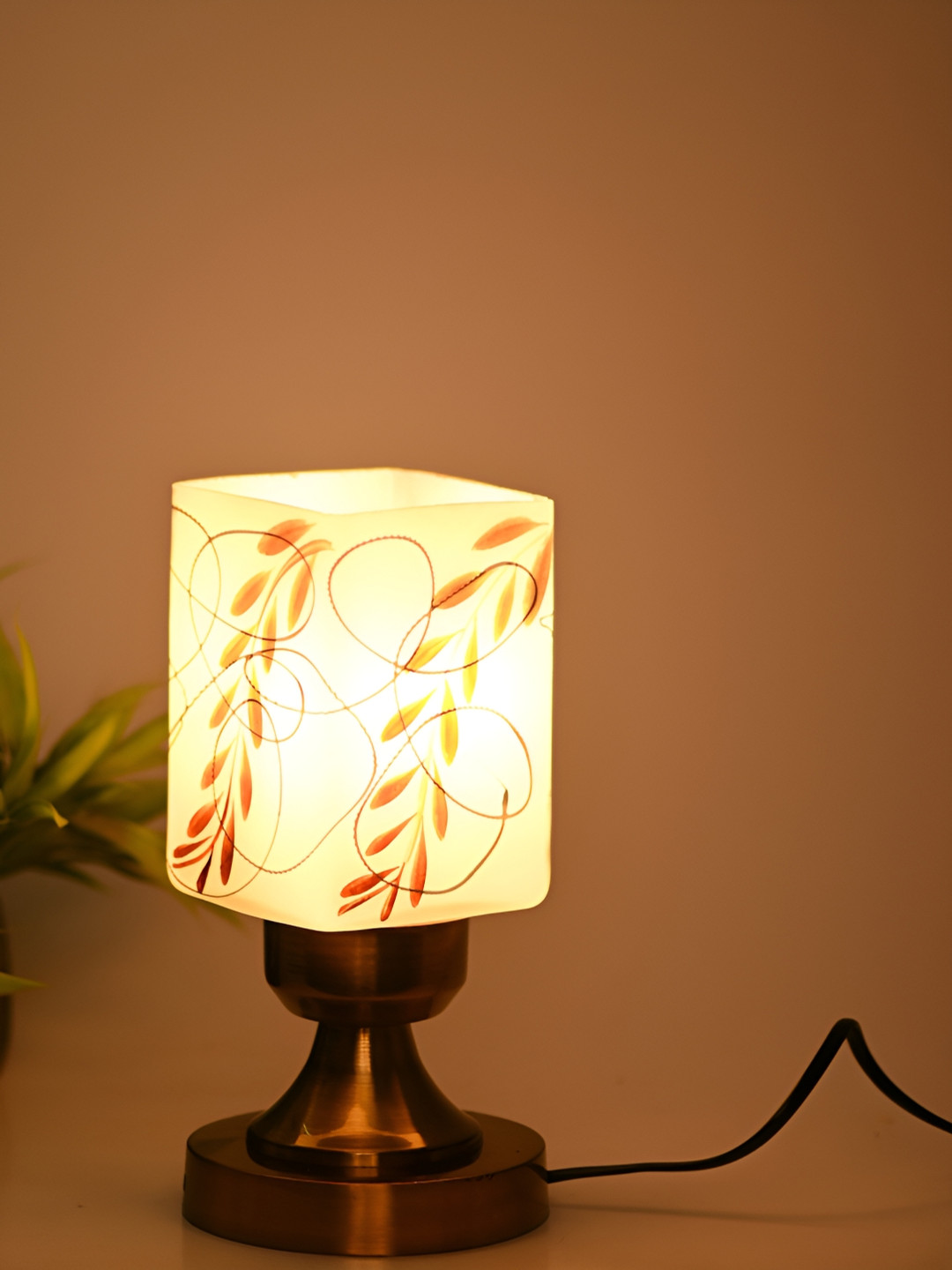 

Afast Gold Toned & White Printed Square Shaped Glass Table Lamp with Adjustable Cord