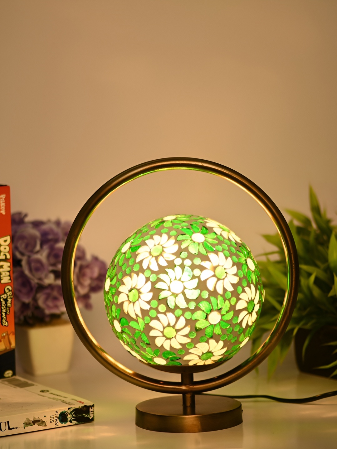 

Afast Green& Gold Toned Printed Spherical Shaped Glass Table Lamp with Adjustable Cord
