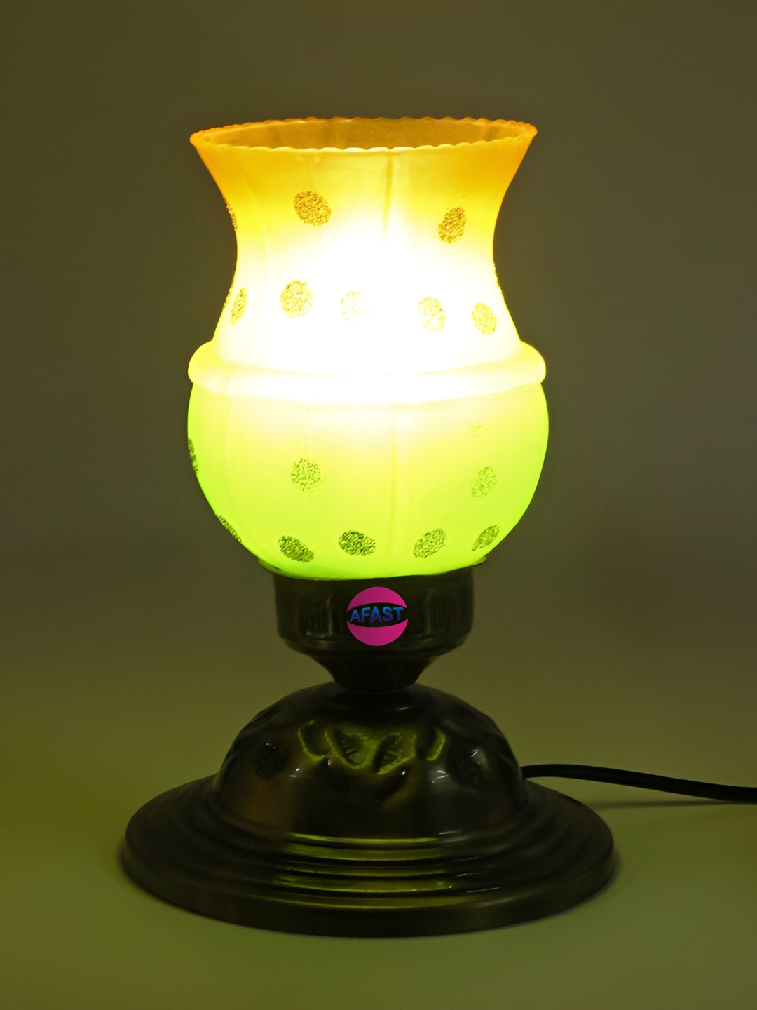 

Afast Bronze Toned & Green Printed Bell Shaped Glass Table Lamp with Adjustable Cord
