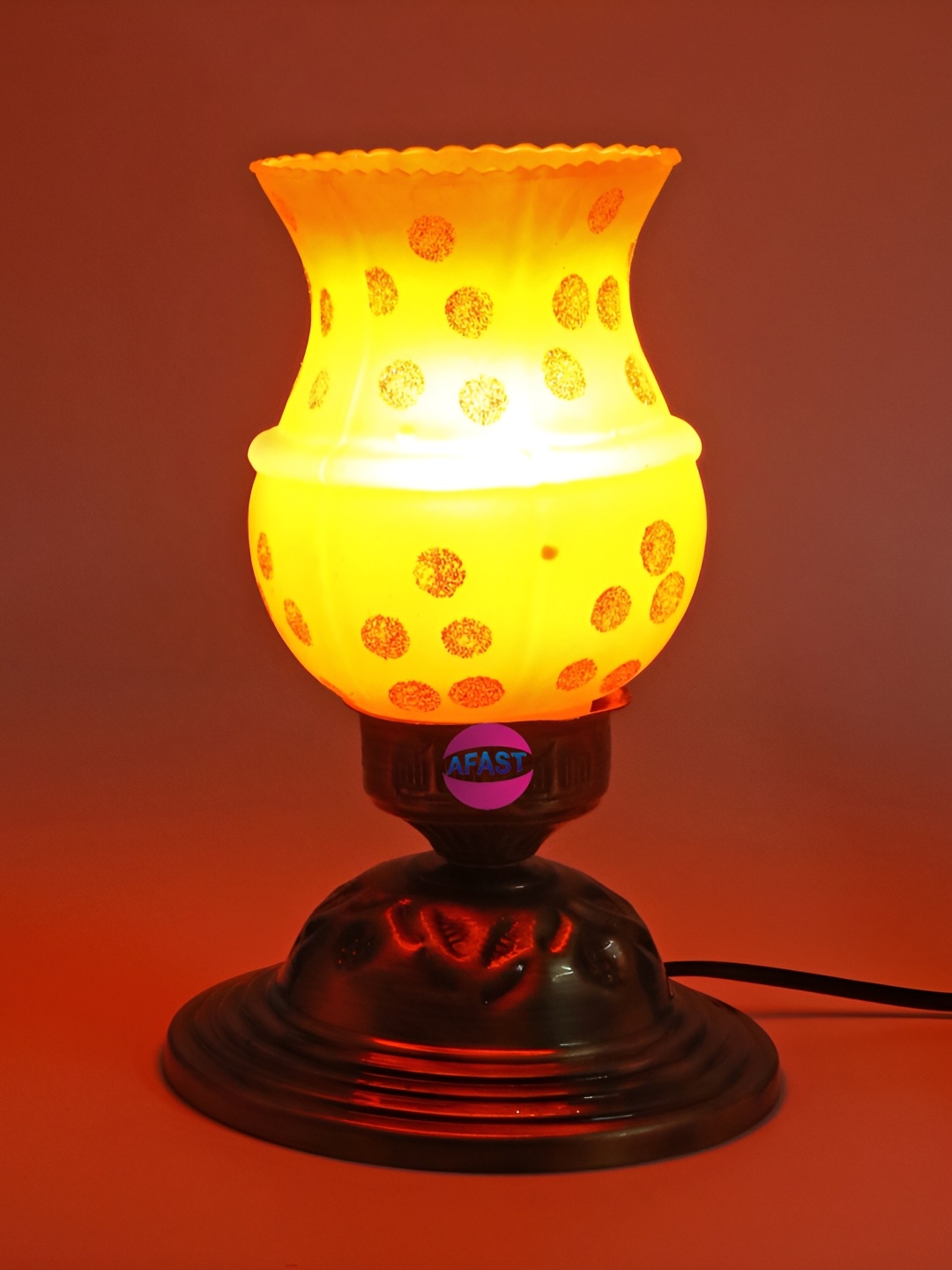 

Afast Bronze Toned & Orange Printed Bell Shaped Glass Table Lamp with Adjustable Cord