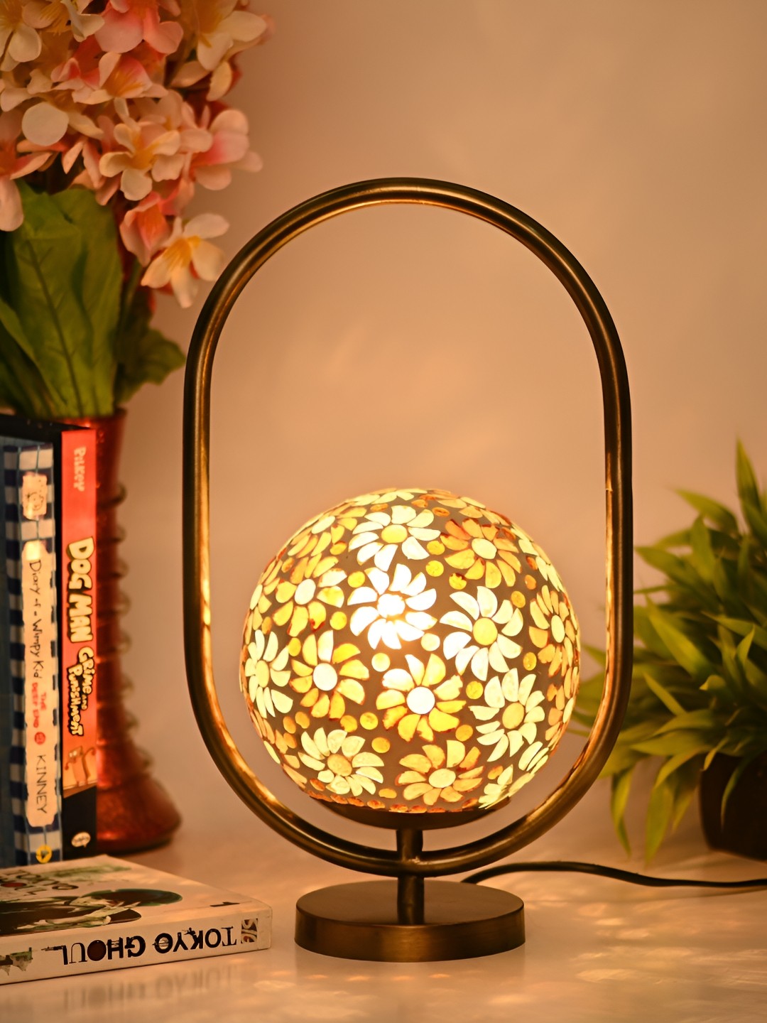 

Afast Yellow & Gold Toned Printed Contemporary Glass Table Lamp with Adjustable Cord