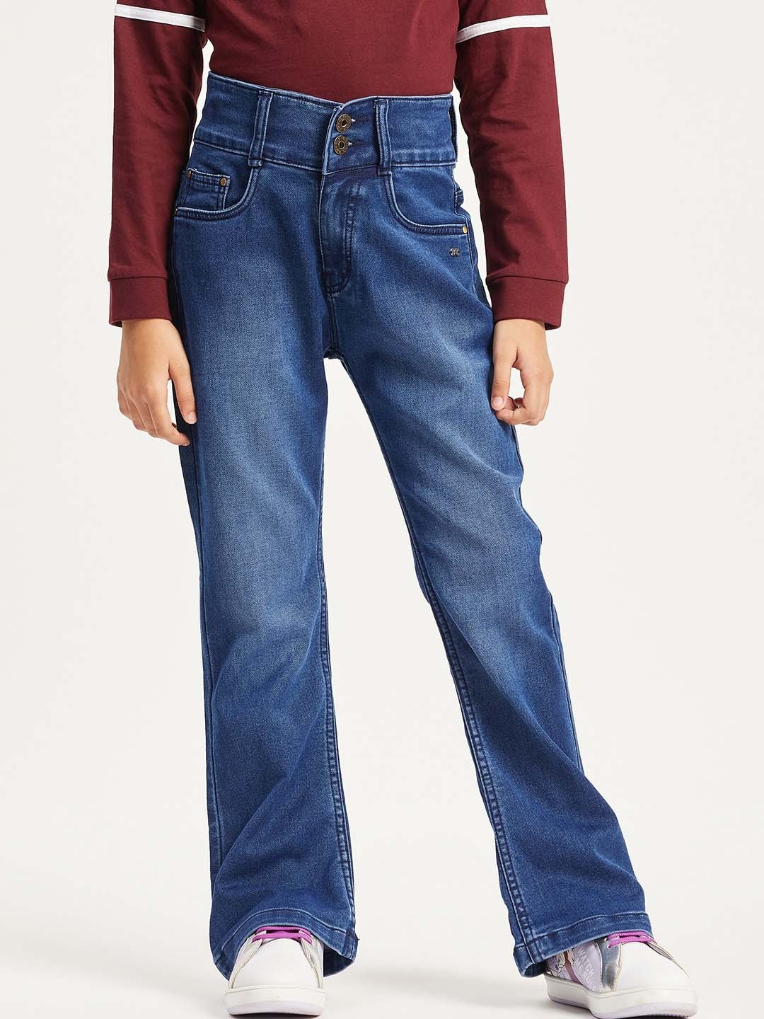 

Purple United Kids Girls Mid Rise Bootcut Clean Look Light Fade Cotton Jeans, Blue