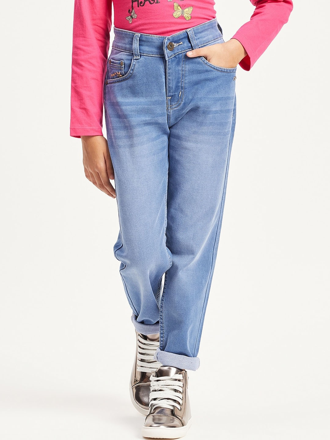 

Purple United Kids Girls Mid Rise Clean Look Heavy Fade Cotton Jeans, Blue