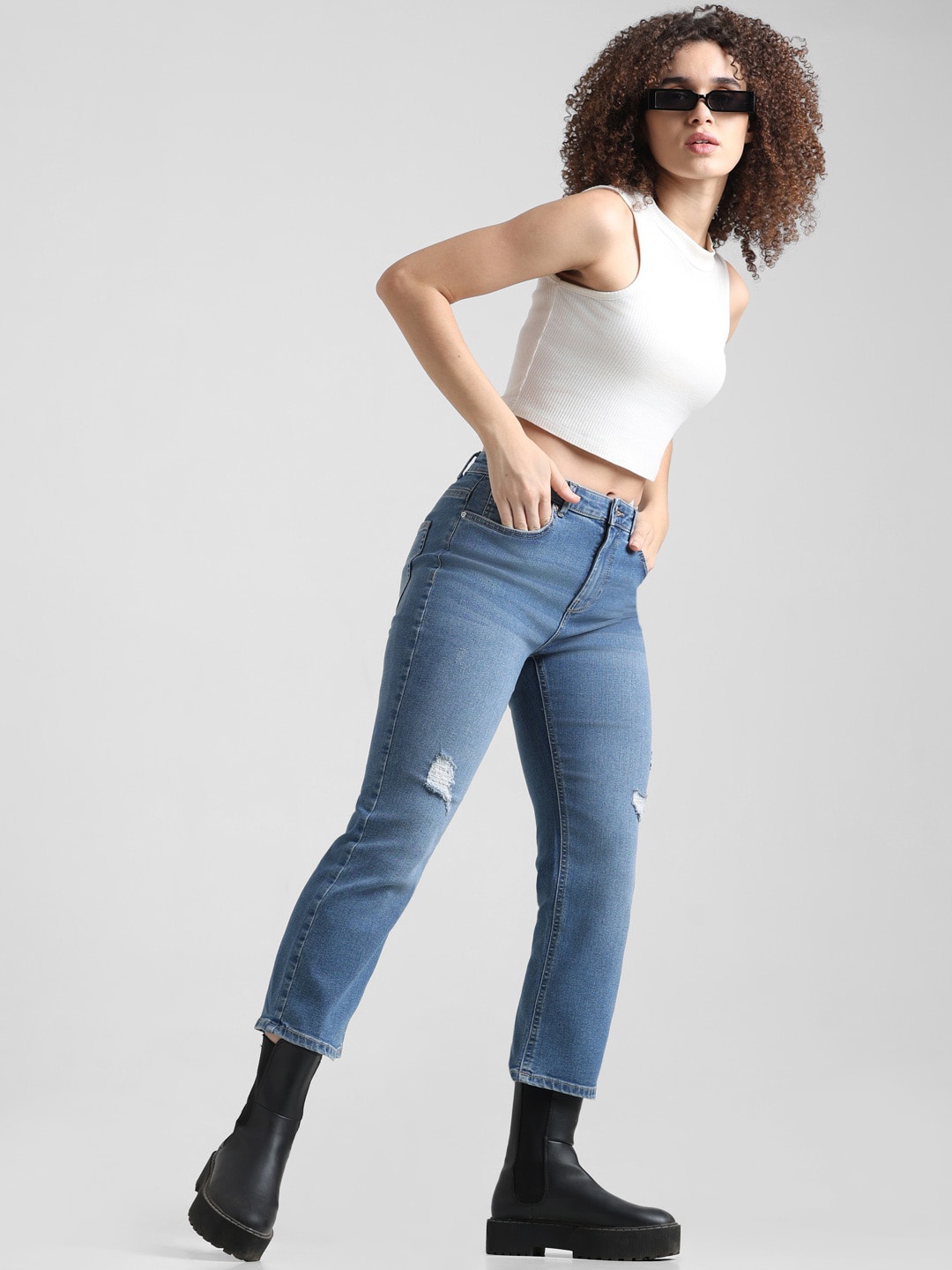 

ONLY Women Flared High-Rise Low Distress Heavy Fade Cropped Stretchable Jeans, Blue