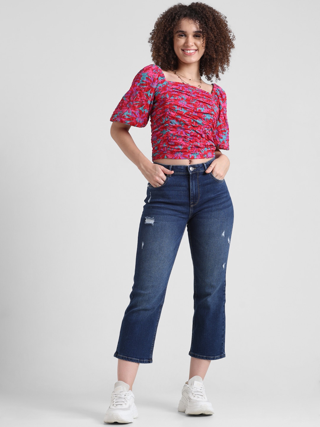 

ONLY Women Flared High-Rise Low Distress Cropped Light Fade Stretchable Jeans, Blue