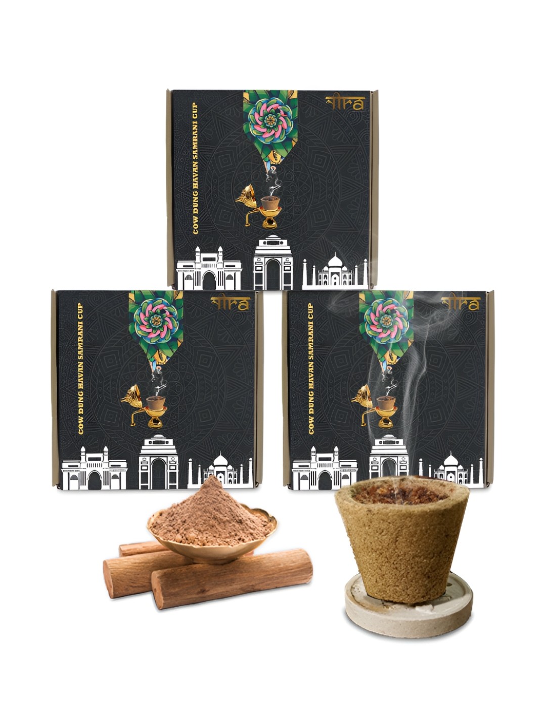 

Nira Fragrances Set of 3 Brown Pure Cow Dung Sandalwood Sambrani Cup