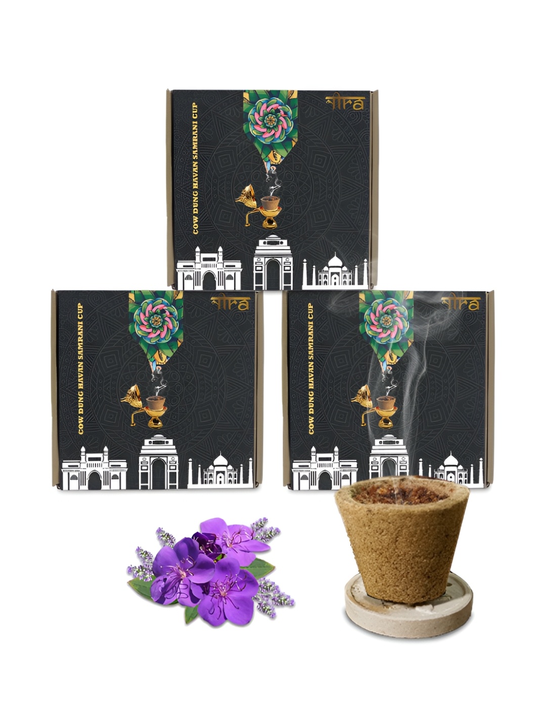 

Nira Fragrances Brown 3 Pieces Pure Cow Dung Lavender Sambrani Cup