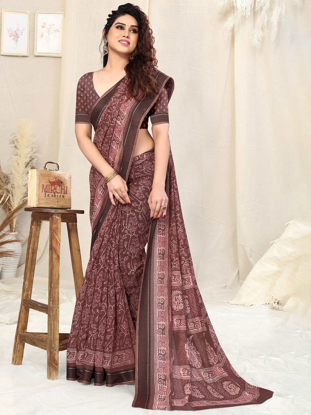

KALINI Floral Block Print Saree, Brown