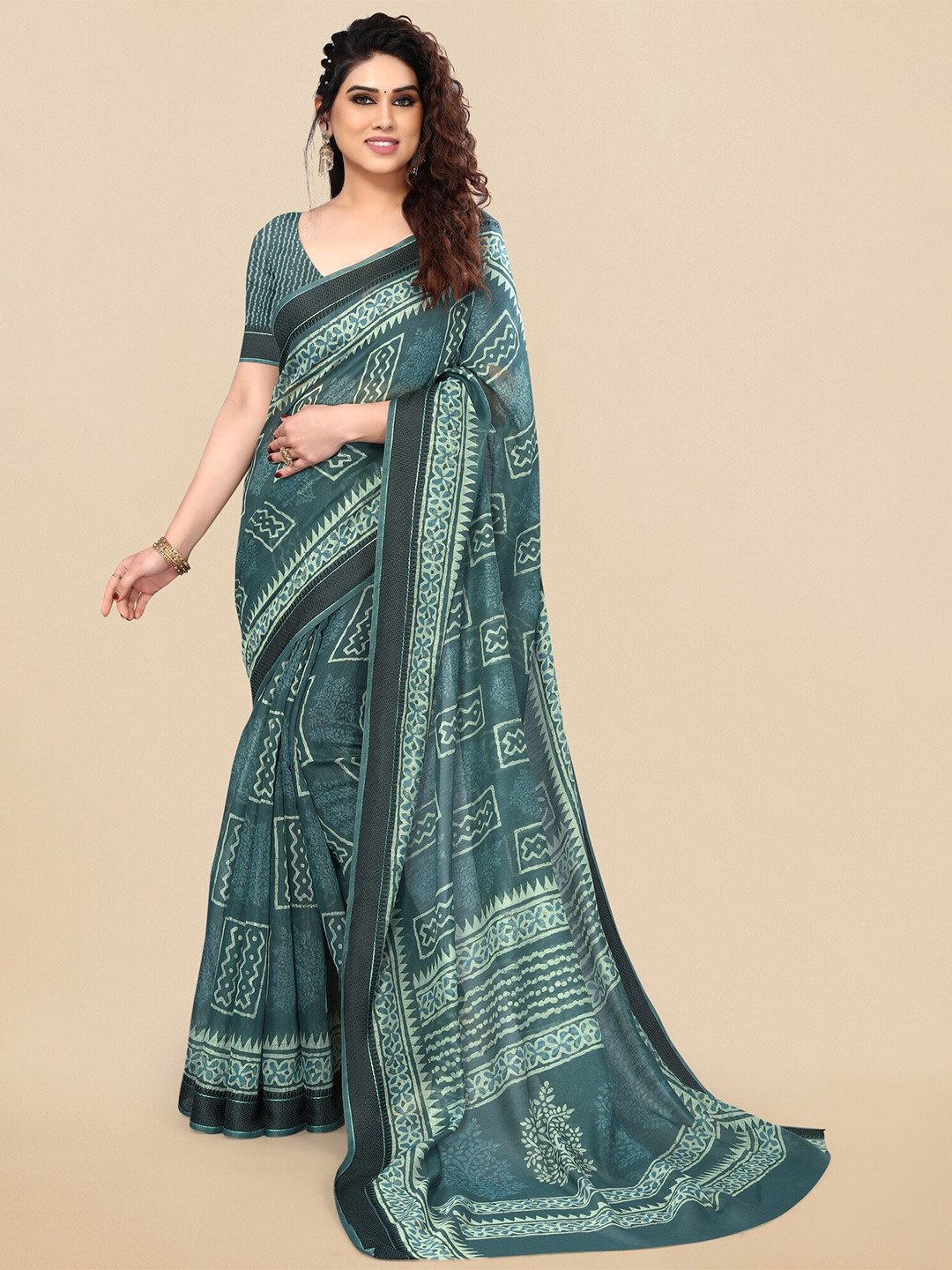 

KALINI Ethnic Motifs Block Print Saree, Teal