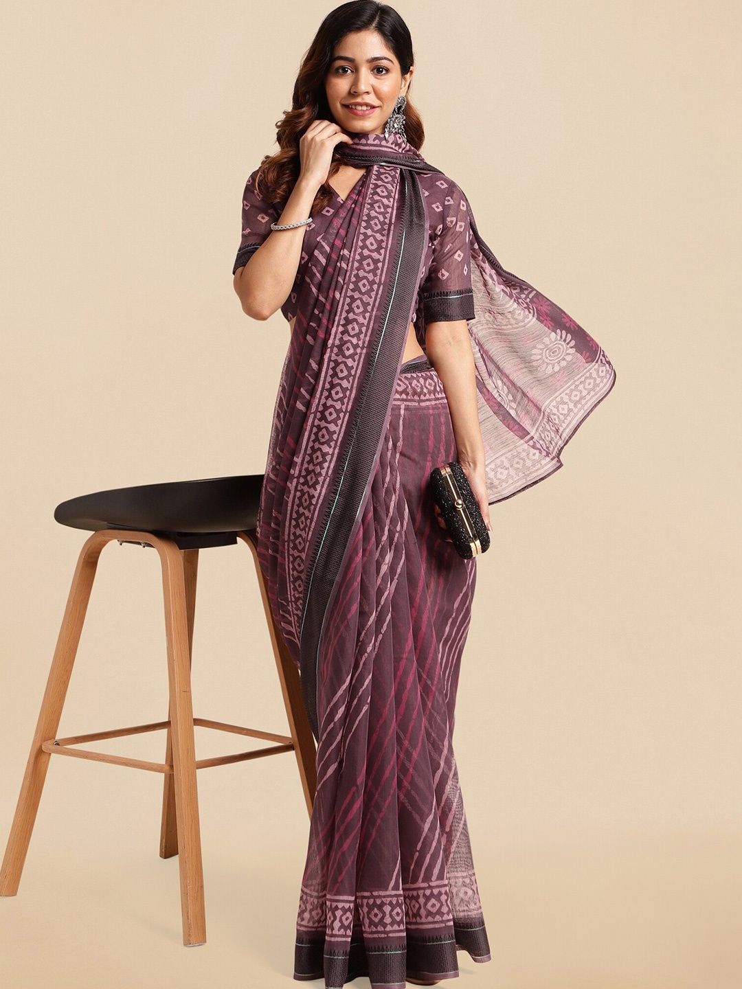 

KALINI Ethnic Motifs Block Print Saree, Purple