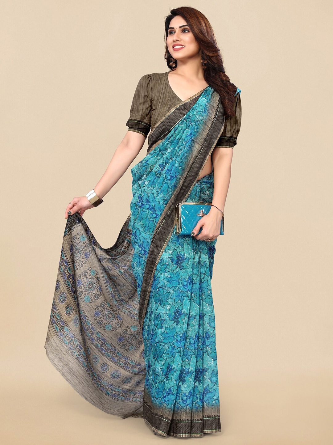 

KALINI Floral Block Print Saree, Turquoise blue