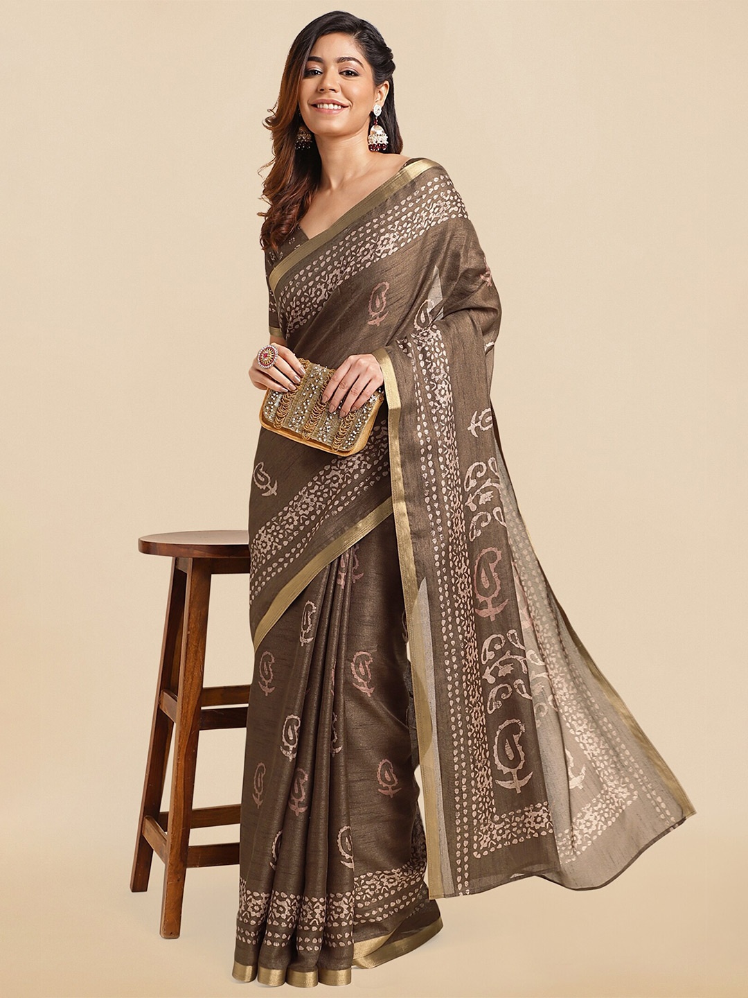 

KALINI Paisley Batik Printed Saree, Brown