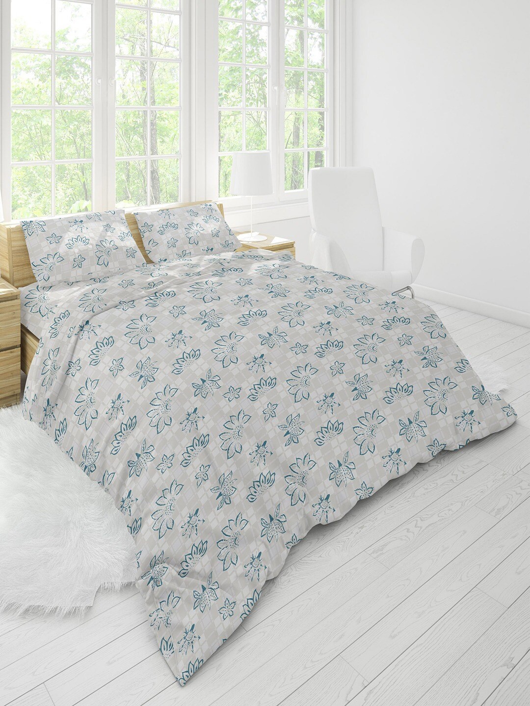 Himeya White & Green Floral Printed Cotton Double King Bedding Set