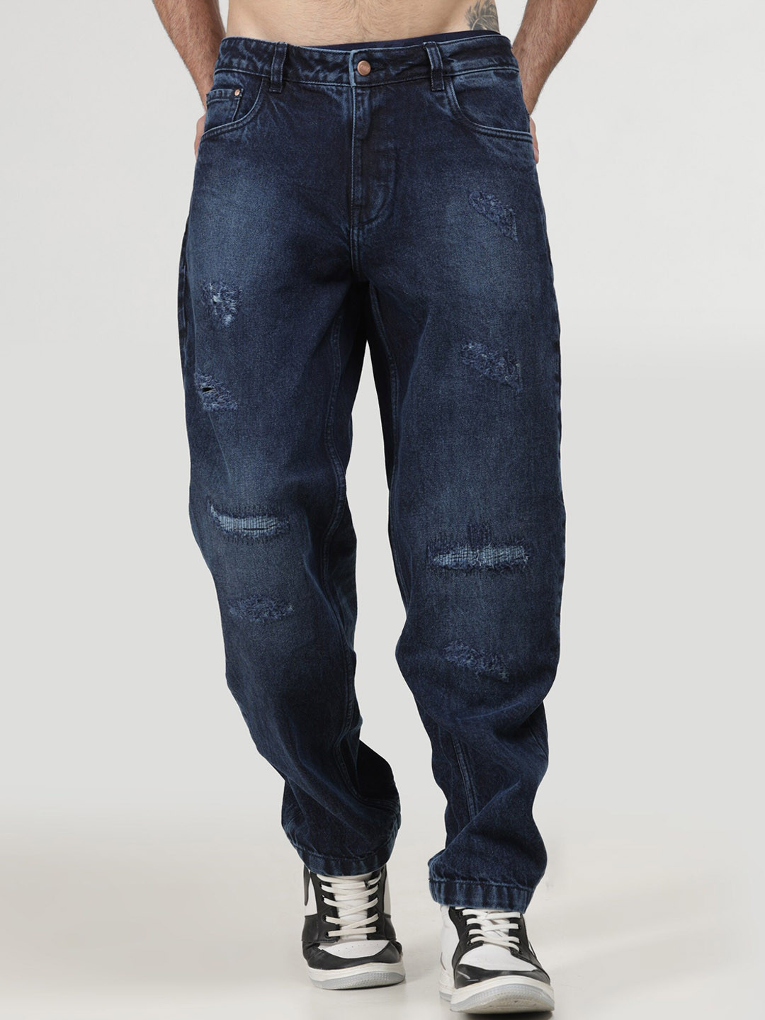 

NoBiY Men Relaxed Fit Highly Distressed Light Fade Pure Cotton Jeans, Navy blue