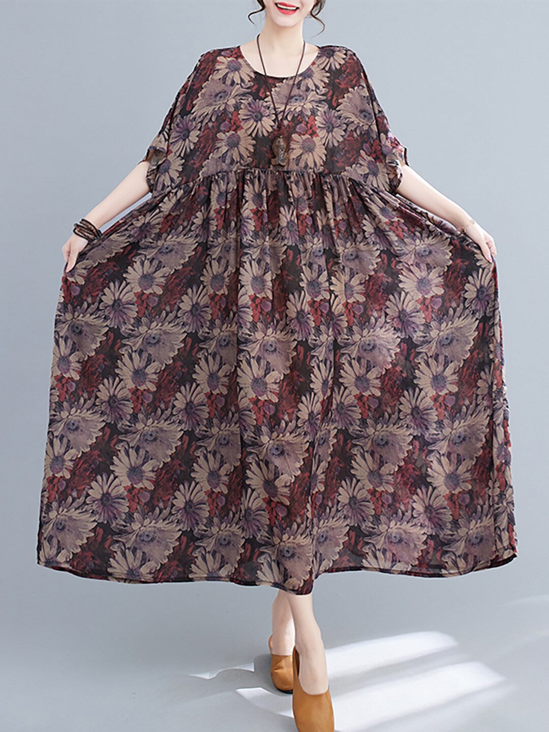 

JC Mode Floral Printed Extended Sleeves Gathered A-Line Midi Dress, Maroon
