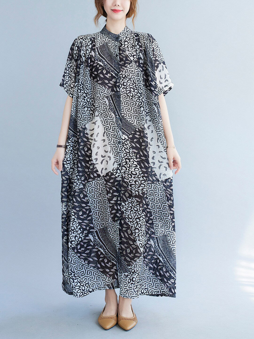 

JC Mode Floral Printed Band Collar Maxi Dress, White