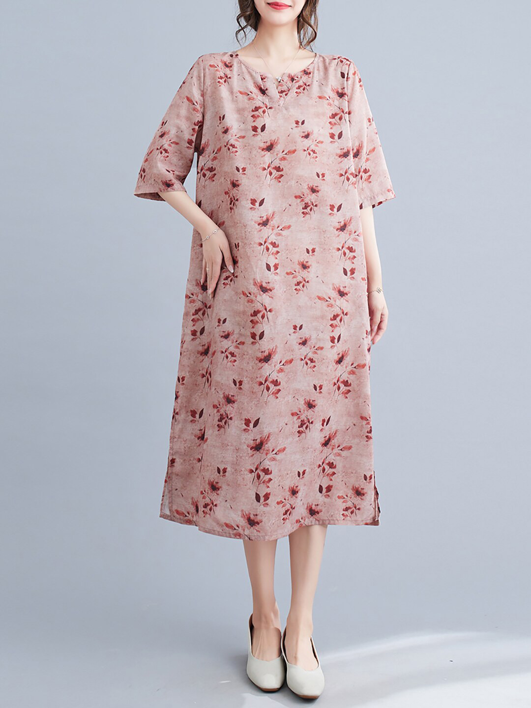 

JC Mode Floral PrintED A-Line Midi Dress, Beige