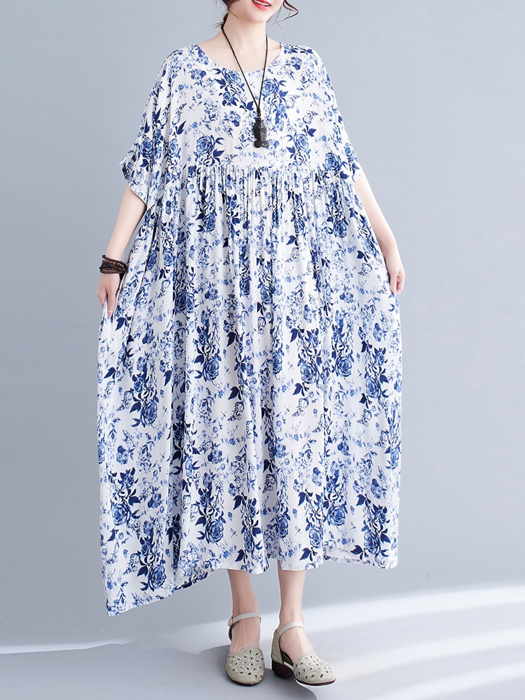 

JC Mode White & Blue Floral Print A-Line Midi Dress