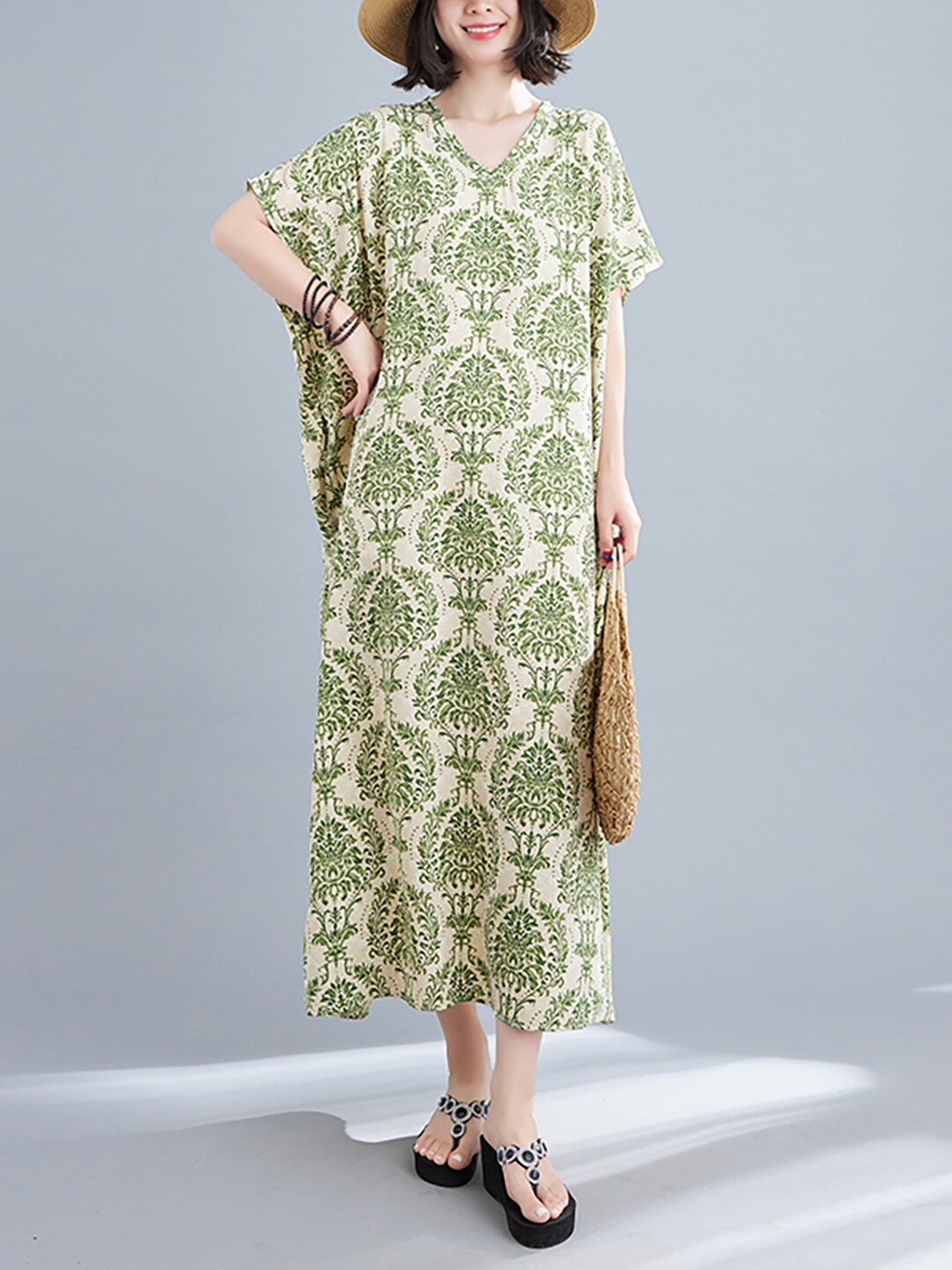 

JC Mode Ethnic Motifs Printed V-Neck Kimono Sleeves A-Line Midi Dress, Beige