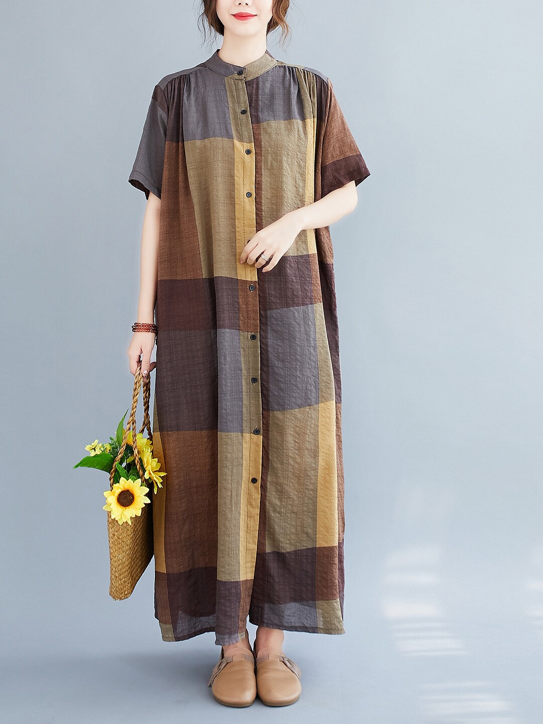 

JC Mode Checked Band Collar Maxi Dress, Brown