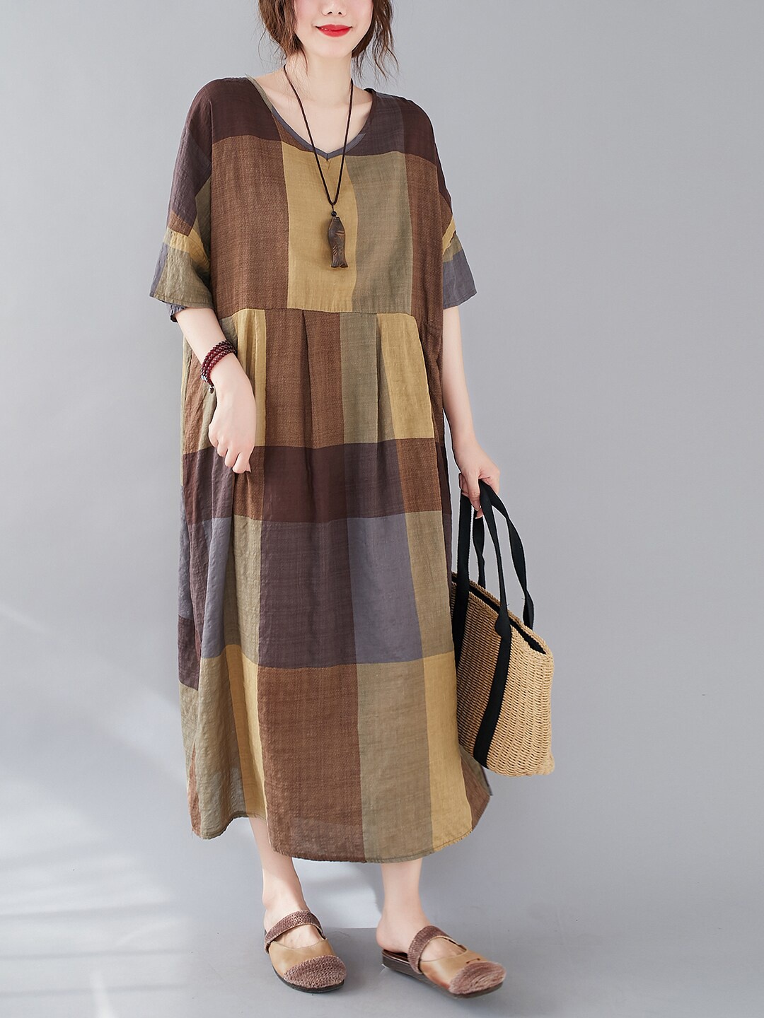 

JC Mode Geometric Printed V-Neck A-Line Dress, Brown