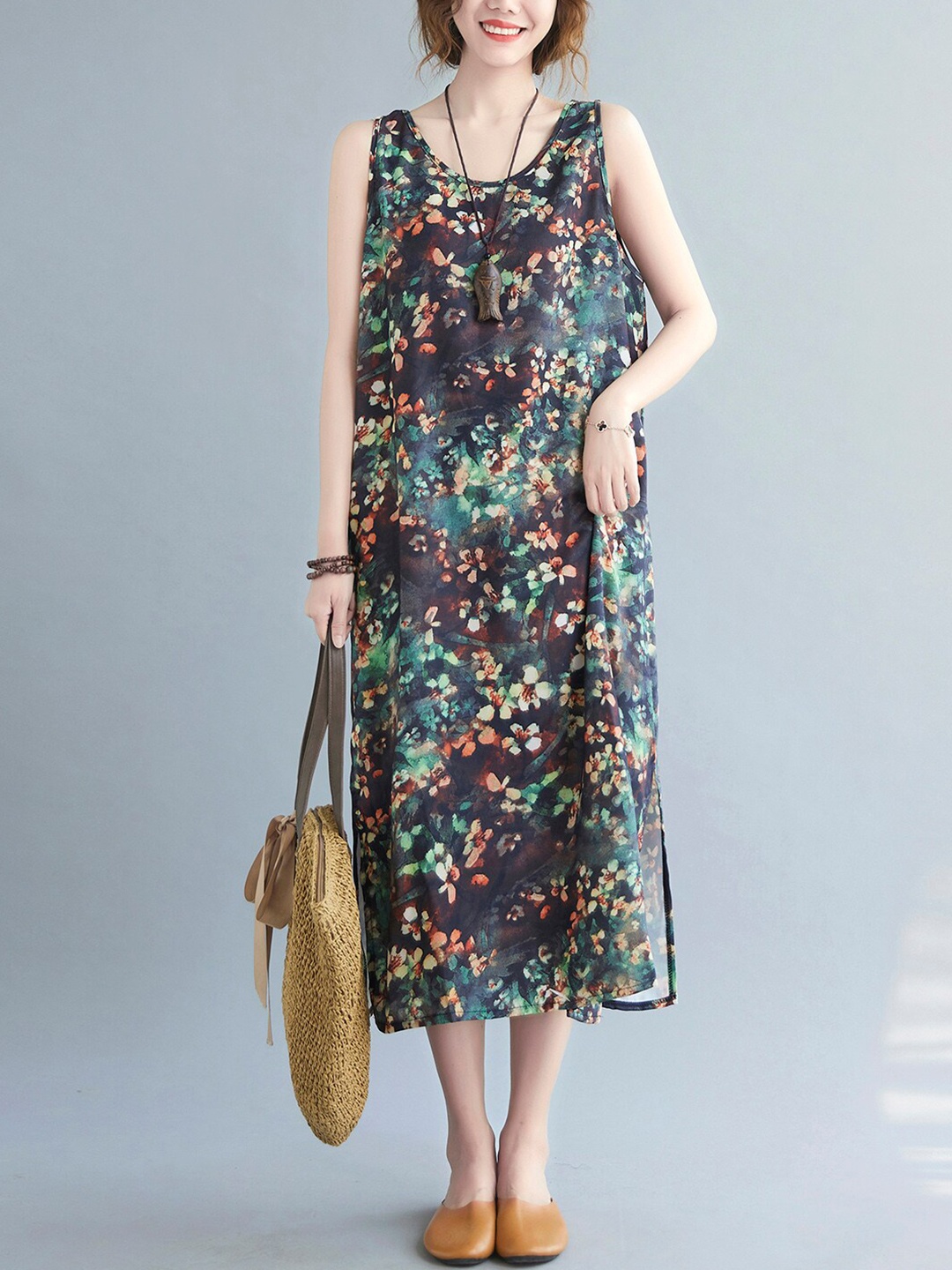 

JC Mode Floral Printed Round Neck Sleeveless A-Line Dress, Brown