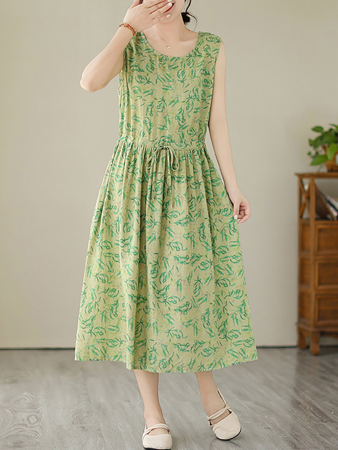 

JC Mode Floral Printed Round Neck A-Line Midi Dress, Green