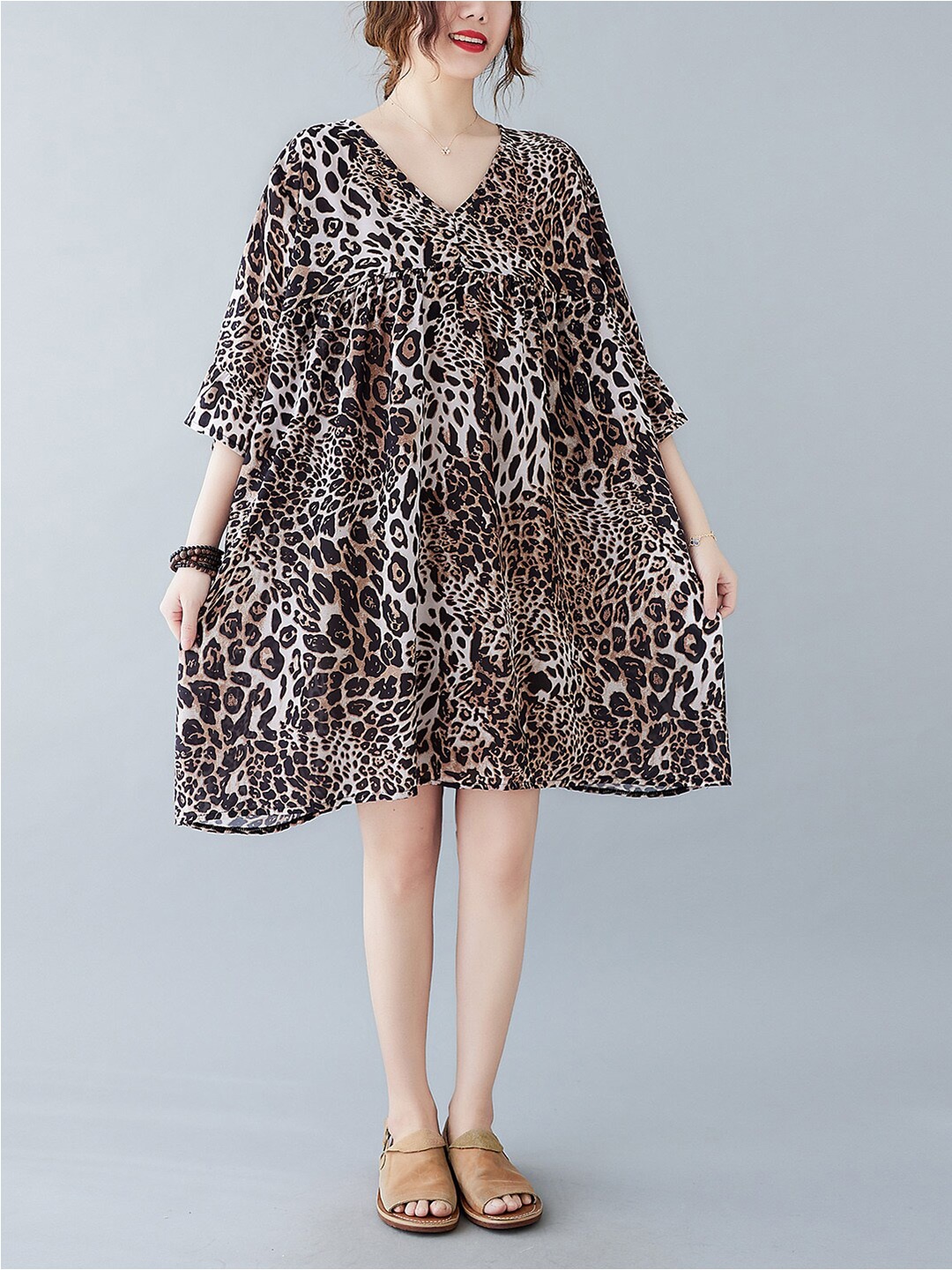 

JC Mode Animal Printed Bell Sleeves A-Line Dress, Black