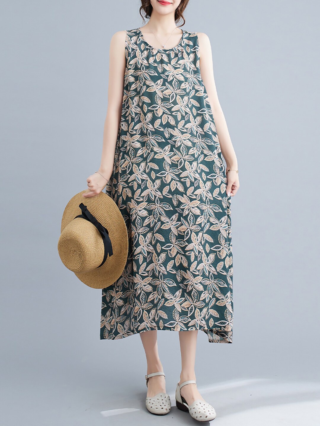 

JC Mode Floral Printed Sleeveless A-Line Dress, Green