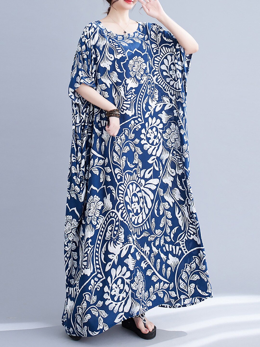 

JC Mode Floral Printed Kimono Sleeves A-Line Maxi Dress, Blue