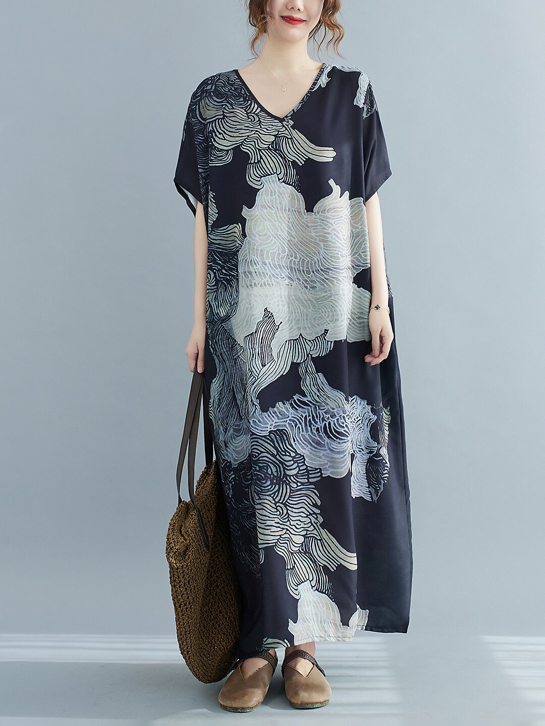 

JC Mode Floral Printed V-Neck Extended Sleeves A-Line Maxi Dress, Black